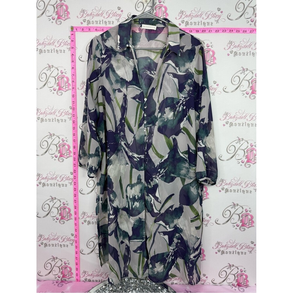 RJR John Rocha Floral Sheer Button-Up Blouse in Gray, Green & Pink